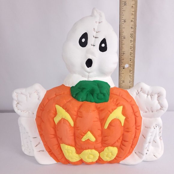 Handpainted Ghost w/ Jack O' Lantern Pumpkin Boo Mouth Ceramic Halloween Figure - Picture 6 of 8